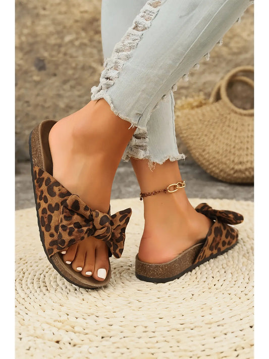 Leopard Bow Cork Suede Sandals
