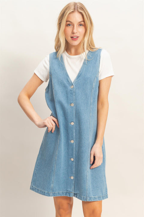 V-Neck Button Front Denim Dress