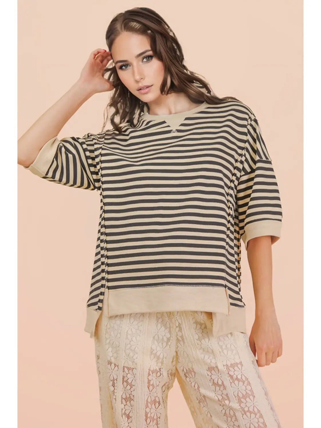 Oversized Stripe Casual Knit Top Black & Cream