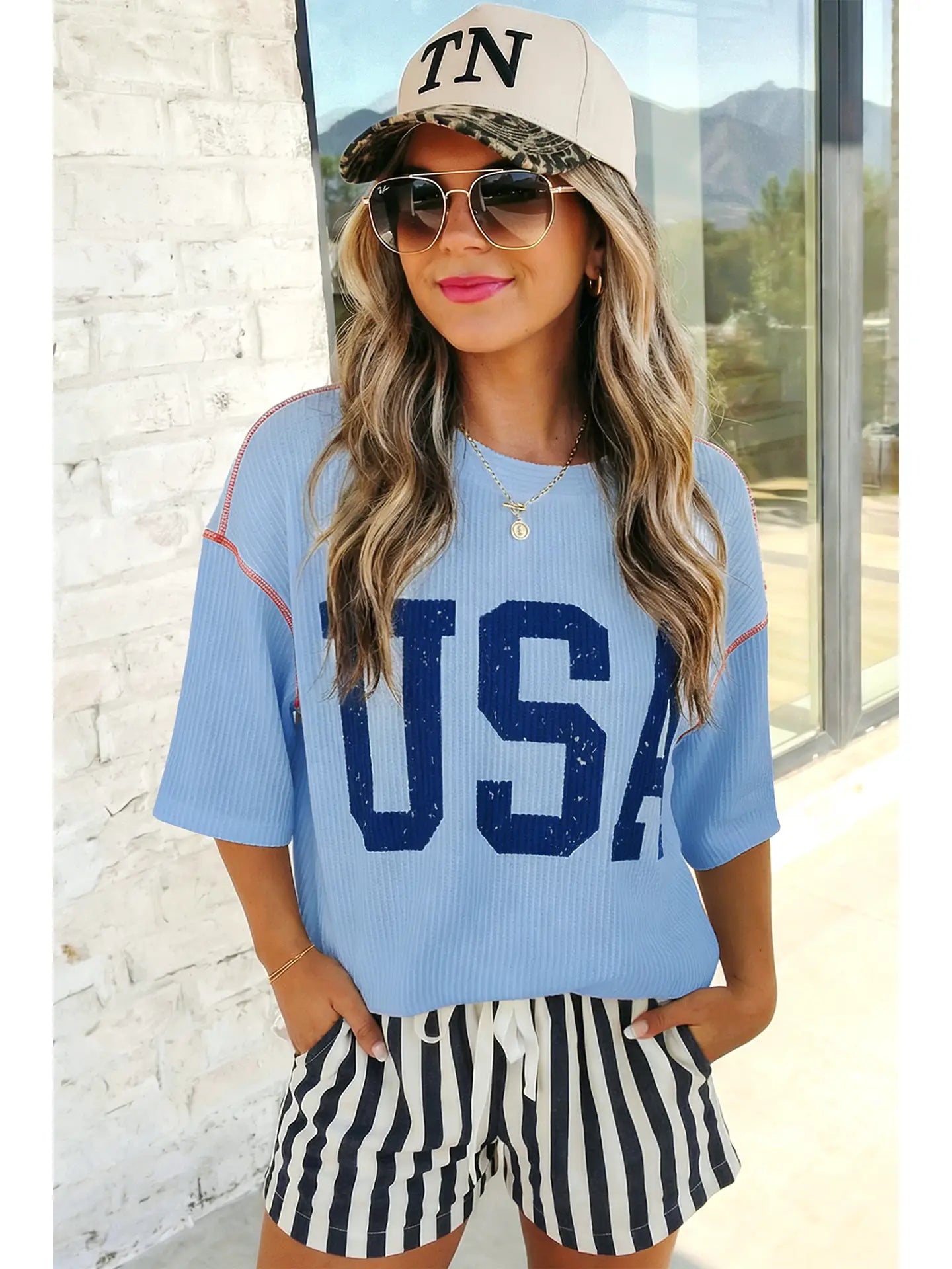 USA Graphic Half Sleeve Ribbed Top