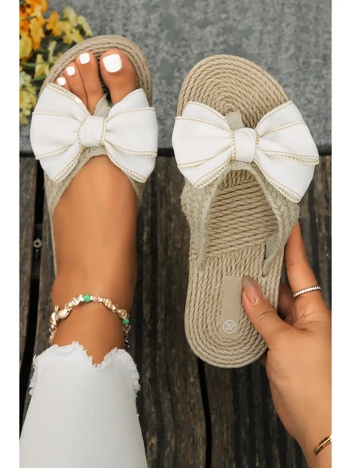Stitched Bow Woven Flip Flop Sandal