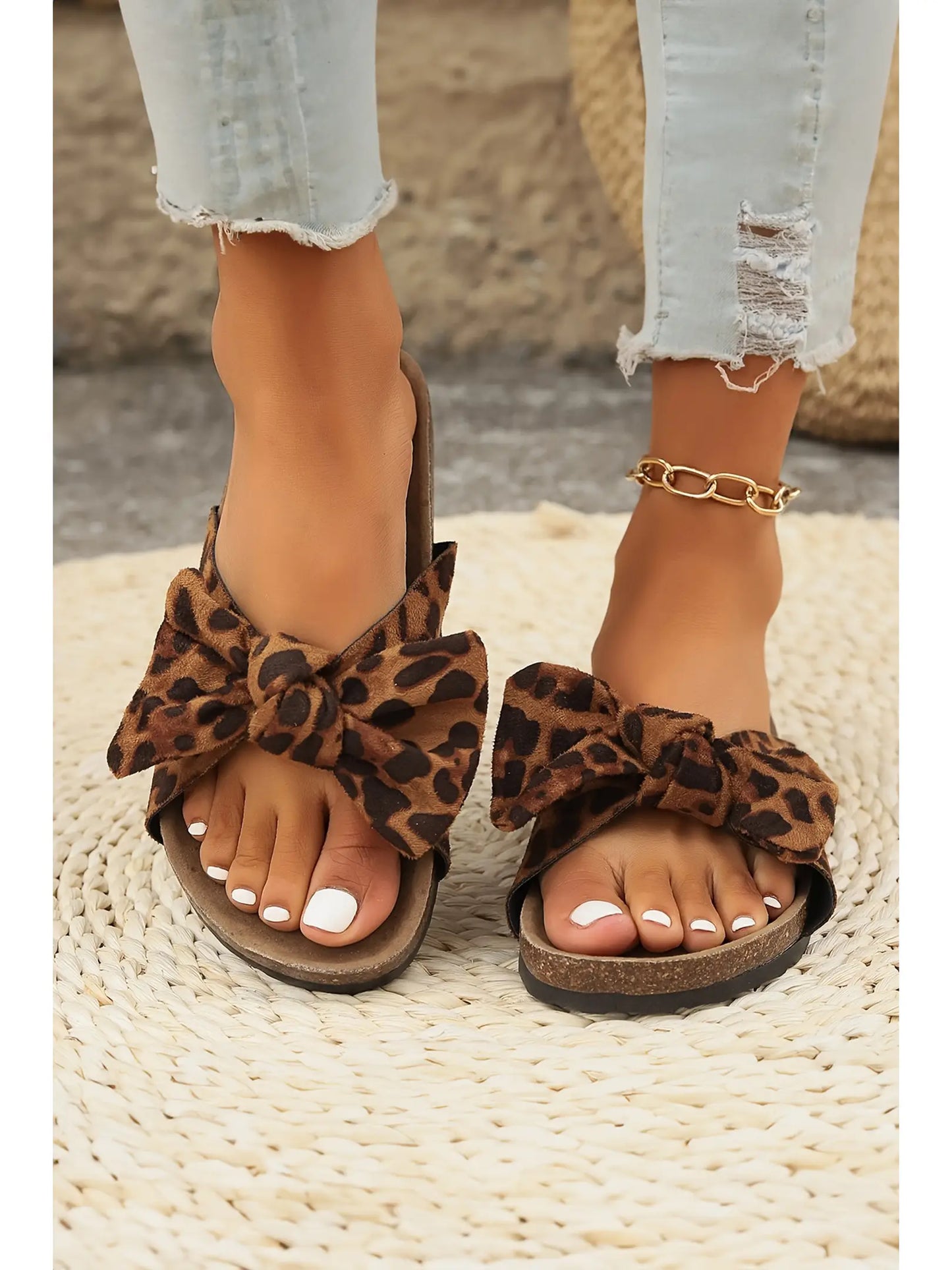 Leopard Bow Cork Suede Sandals
