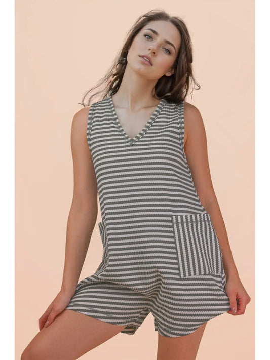Olive Striped Knit Casual Comfy Romper