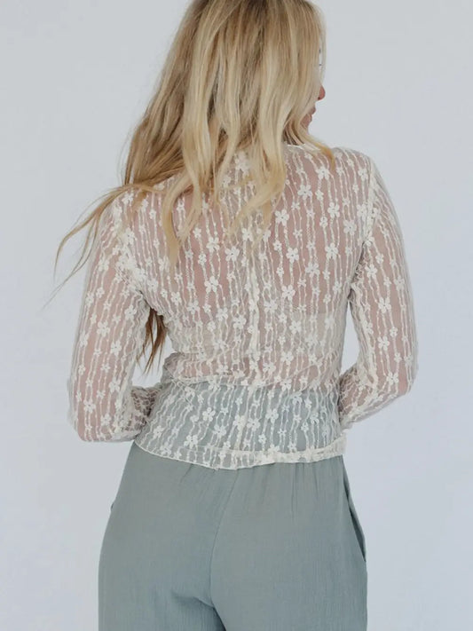 White Sheer Floral Lace Long Sleeve Slim Fit Top