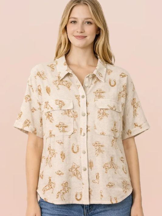 Western Graphic Oversized Button Down Shirt Top