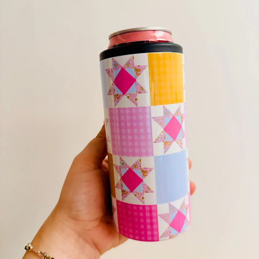 Pink Quilt Pattern Slim Can Cooler