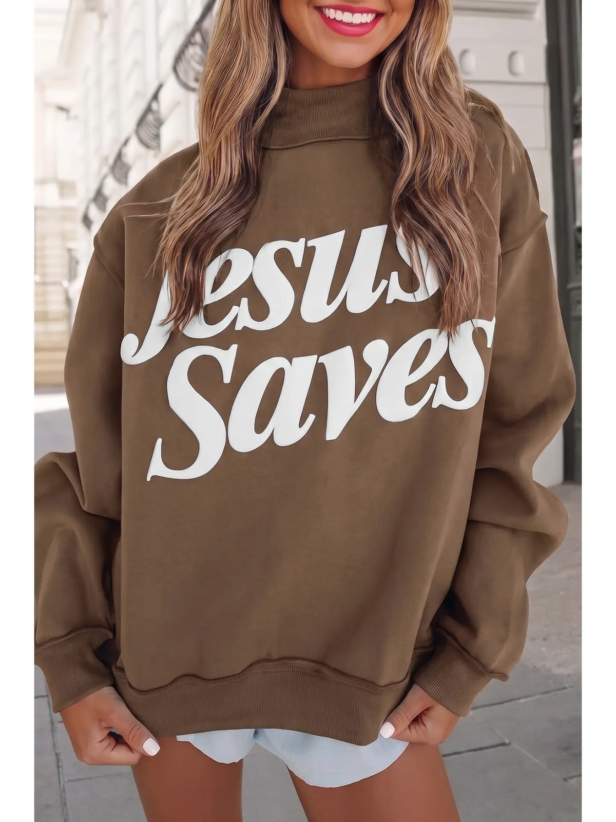 Jesus Saves Slogan Print Mock Neck Sweatshirt