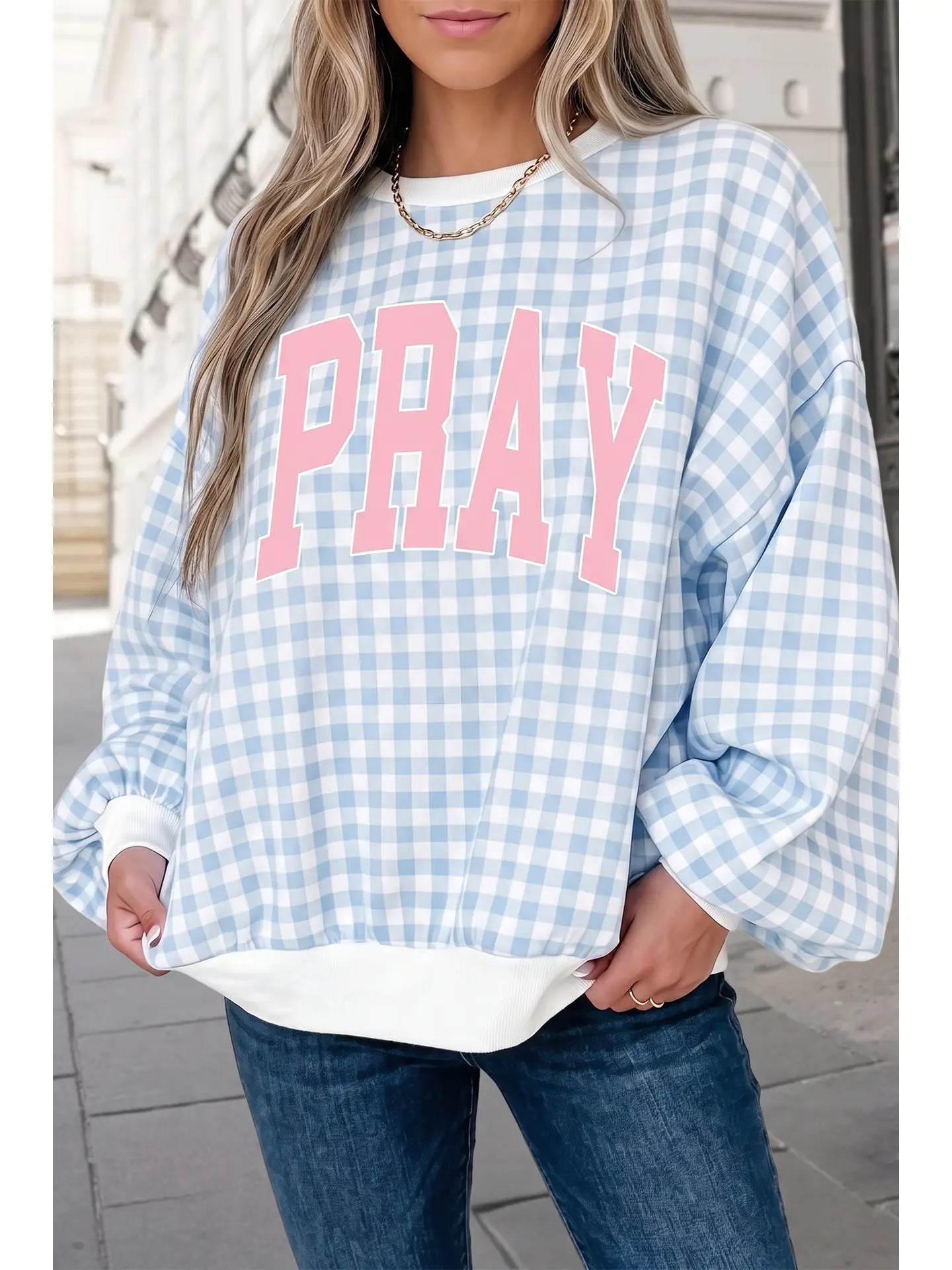 Pray Gingham Print Crewneck Pullover Sweatshirt