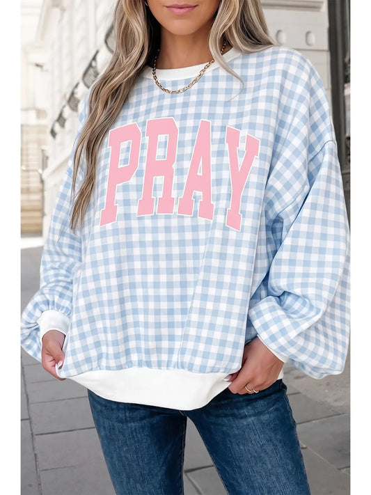 Pray Gingham Print Crewneck Pullover Sweatshirt